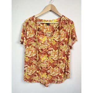Torrid  Blouse Womens Size 1X Pink Yellow Floral V Neck Top Short Sleeve